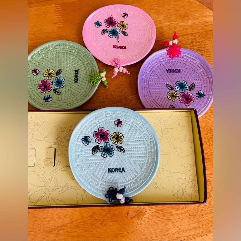 Embroidered Cloth Floral Coaster Set - Blue, Green, Pink, Purple
